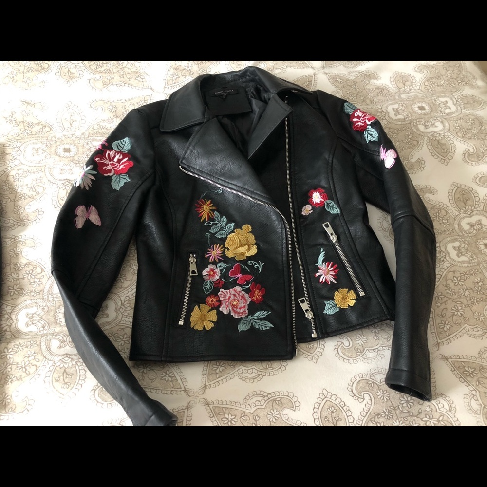 Embroidered floral leather jacket